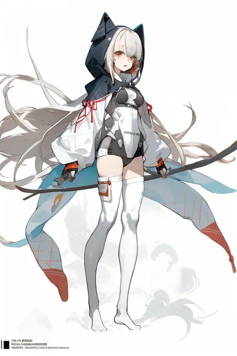 1girll，独奏，whaite hair，long whitr hair，white knee-length stockings，without wearing shoes，hoody，shorter pants，bigboobs