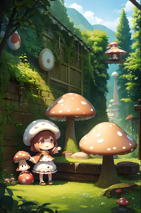 digitalart、Personification of the mushroom spirit、Yuru Chara Style、The hat is characteristic、Laugh、Wearing a bell