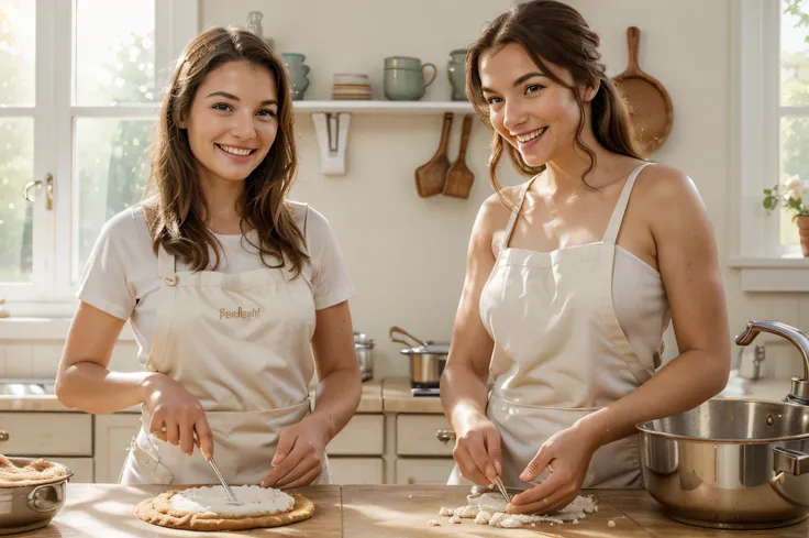 (best quality, realistic:1.37),super-detailed,beautiful smiling open-mouthed faces,blurred background like on an expensive lens,a mother and daughter baking a pie in the kitchen,pie-making,cute aprons,rolling dough,flour on their hands,mixing ingredients,p...