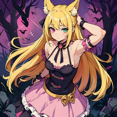 Cartoon picture of a woman with blonde hair and a pink dress, gapmoe yandere grimdark, anime monster girl, gapmoe yandere, demon anime girl, Demon Girl, official fan art, Vampire Girl, bikinis. The Backstory of Hell. gore, tumblr, A kind of chaotic glitter...