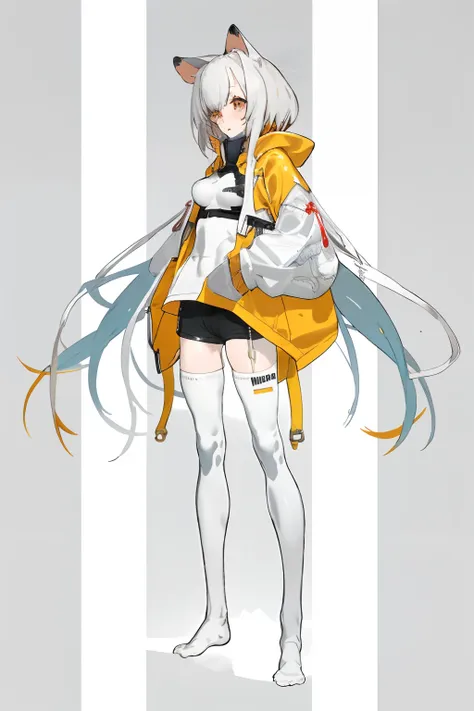 1girll，独奏，whaite hair，long whitr hair，white knee-length stockings，without wearing shoes，hoody，shorter pants，bigboobs