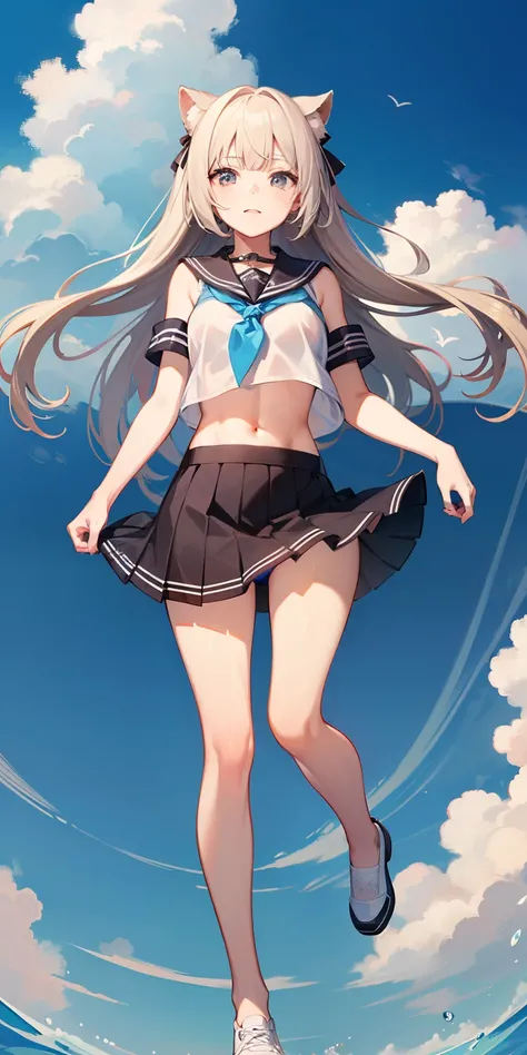 1girl in、小柄、Lori、独奏、long、skirt by the、Sailor collar、bionde、a navel、Looking at Viewer、Black Skirt 7、a miniskirt、bare-legged、see -through、neckerchief、crop top overhang、croptop、pleatedskirt、Eau、student clothes、Midriff、The shirt、serafuku、Twin-tailed、Very Longh...