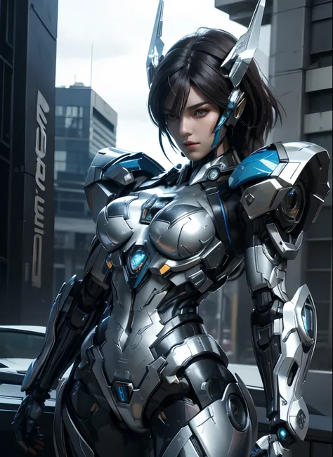 Textured skin, Super Detail, high details, High quality, Best Quality, hight resolution, 1080p, hard disk, Beautiful,(Arcee),(head gear),beautiful cyborg woman,Mecha Cyborg Girl,Battle Mode,Girl with a Mecha Body,She wears a futuristic Arcee mech,Fulll bod...