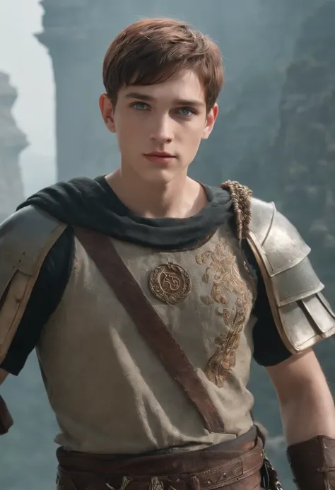 (best quality,highres,masterpiece:1.2),ultra-detailed,realistic,teenage boy with mesmerizing sea-green eyes,strong facial features,windy jet-black silk-like short hair,athletic build,wear an orange round-neck short sleeve with black "CAMP HALF-BLOOD" lette...