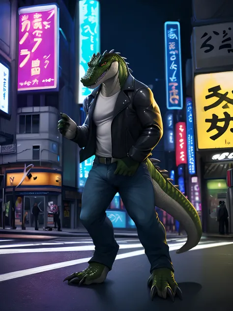 Crocodile, male, solo, markings, clothed, wearing leather jacket, jeans, paws, topwear, bottomwear, tokyo, street, akihabara, neon lights
BREAK,
by tojo the thief, by narse, by honovy, (intricate, high detail, film photography, soft focus, RAW candid cinem...