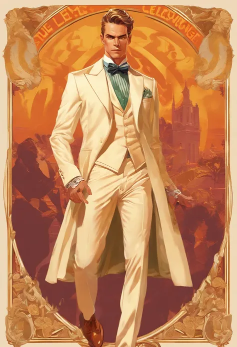 (full-body poster),(j.c.leyendecker style),(elegant Irish young man),(long wavy hairstyle),(eccentric tuxedo),(graceful dance),(warm color palette),(reduced saturation and brightness),(best quality, highres, masterpiece:1.2),(sophisticated),(you are the ch...