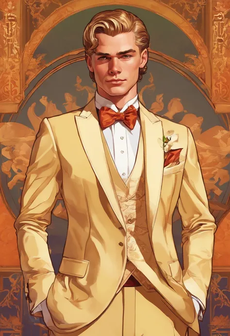 (full-body poster),(j.c.leyendecker style),(elegant Irish young man),(long wavy hairstyle),(eccentric tuxedo),(graceful dance),(warm color palette),(reduced saturation and brightness),(best quality, highres, masterpiece:1.2),(sophisticated),(you are the ch...