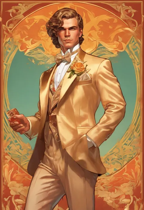 (full-body poster),(j.c.leyendecker style),(elegant Irish young man),(long wavy hairstyle),(eccentric tuxedo),(graceful dance),(warm color palette),(reduced saturation and brightness),(best quality, highres, masterpiece:1.2),(sophisticated),(you are the ch...