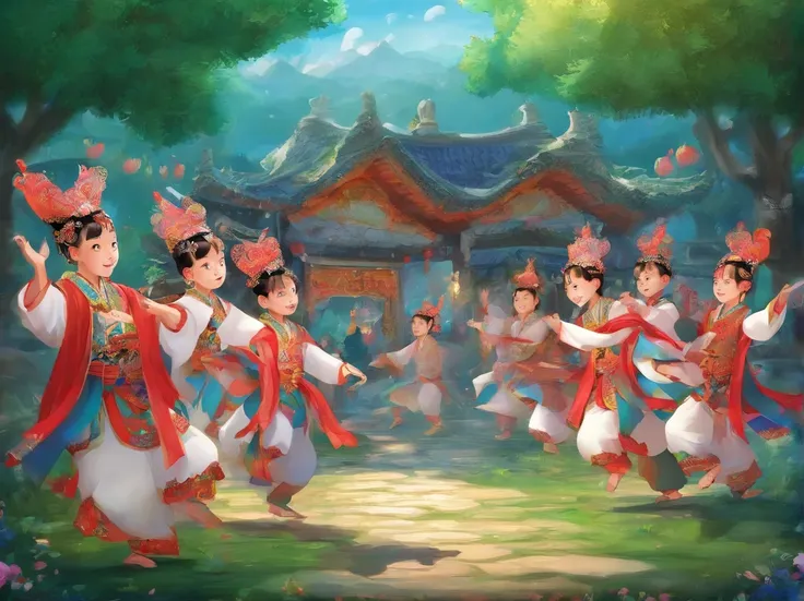 Inside the village，A young boy dressed in Zhuang costume and a group of men perform a traditional Zhuang dance,blue-sky，baiyun，Small animals，Laughed happily