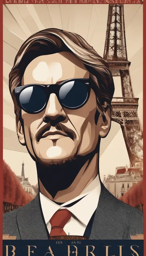 poster for a Disley Pixar film about a trip to Paris, France, The character is a man with geometric hexagonal glasses, terno preto e camisa branca por debaixo, Hair parted a third to the side, cabelo liso preto, cabelo com tupete, homem idade 36 anos, medi...