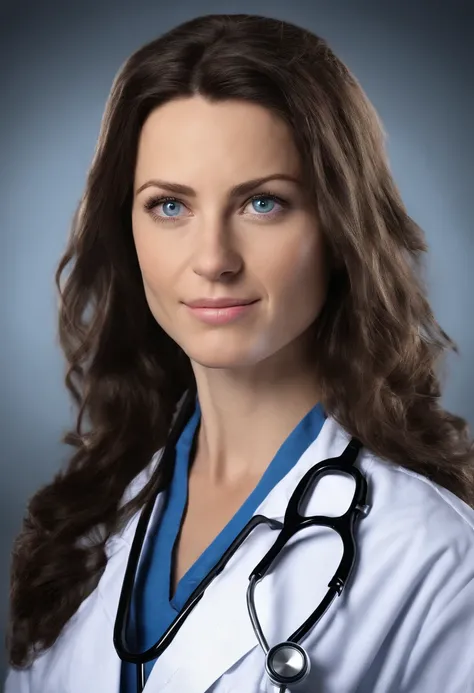 **A brunette female doctor with blue eyes in uniform and her stethoscope staring at the camera. --v 4: 50** - (presque) --s 2