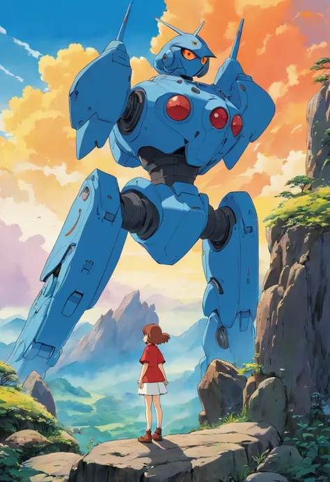 Theres a woman next to a robot on a rock, little girl meets robot, anime robotic mixed with organic, Filme ainda de Robot Evangelion, mecha anime gigante, :14 FLCL + Akira, ainda de um filme de fantasia, woman and robot, anjo de batalha, anime", FLCL, Capt...