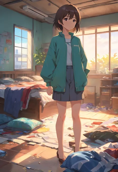 (high resolution,4k,8k,masterpiece:1.2),ultra-detailed,(realistic,photorealistic,photo-realistic:1.37),vibrant colors,messy wardrobe,piles of clothes,scattered garments,wrinkled blanket on the floor,sunlight pouring through the windows,dust particles float...