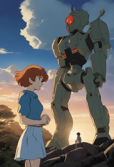 Theres a woman next to a robot on a rock, little girl meets robot, anime robotic mixed with organic, Filme ainda de Robot Evangelion, Mecha de anime gigante, :14 FLCL + Akira, ainda de um filme de fantasia, woman and robot, anjo de batalha, anime", FLCL, C...