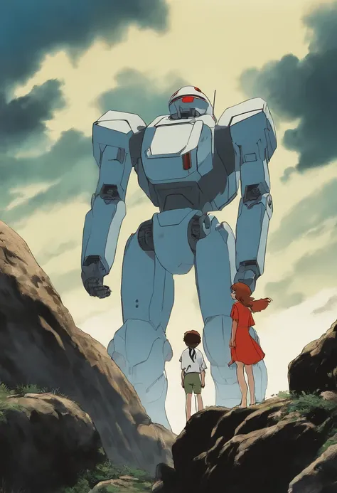 Theres a woman next to a robot on a rock, little girl meets robot, anime robotic mixed with organic, Filme ainda de Robot Evangelion, Mecha de anime gigante, :14 FLCL + Akira, ainda de um filme de fantasia, woman and robot, anjo de batalha, anime", FLCL, C...