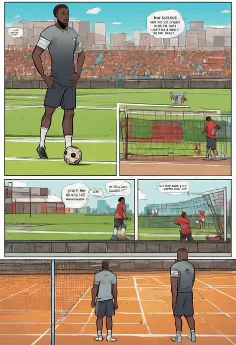 a black man standing on a soccer field, inspired by Jan Asselijn, by Jan Tengnagel, filmstill, motivational, inspired by Kev Walker, youtube video screenshot, inspired by Lee Gatch, low quality footage, inspired by John Henderson, advanced technique, trail...