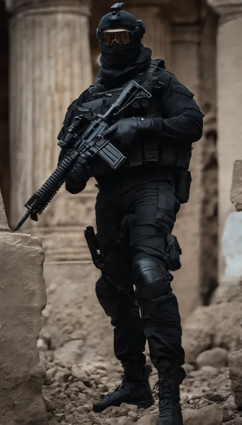 (Best quality,4K,8K,A high resolution,Masterpiece:1.2),Ultra-detailed,(Realistic,Photorealistic,photo-realistic:1.37), One of them wore a black SWAT uniform，Man in black helmet, A man in a black mask holds a gun, Air rifle CQB, French Special Operations, r...