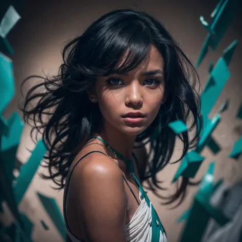 (Cinematic, emotional:1.3), (dynamic pose:1.2), (complex image:1.2), portrait of a woman striking a dynamic pose against a turquoise backdrop, glass shards around her, voluminous black hair highlighted, confident expression profiled, (small breasts, white ...