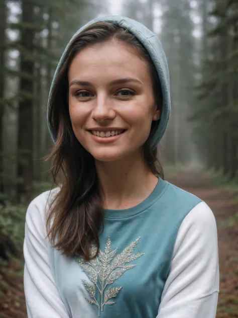 closeup headshot of S183_ErikaPostnikova,a beautiful woman,in a (foggy-forest:1.1),wearing a (sweat-shirt:1.1),(smiling:1.1),(8k, RAW photo, best quality, depth of field, ultra high res:1.2),(absurdres, intricate, photorealistic, masterpiece, ultra-detaile...