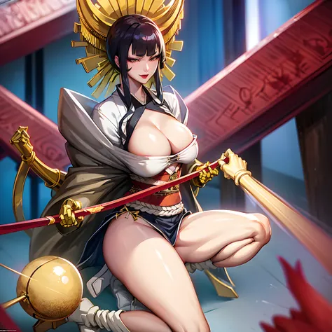 Solo,cleavage, haori, thick thighs, outstanding details, blood,big breasts , moon , kimono, parted lips, katana, standing up,huge boobs,big ass,over size breasts