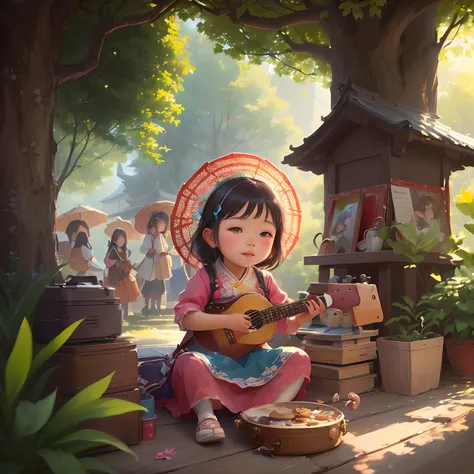 There was a little girl sitting on the porch playing guitar, childrens art in artstation, lovely digital painting, Cute detailed digital art, A beautiful artwork illustration, Guviz-style artwork, By Li Song, Beautiful character painting, by Ni Yuanlu, Ins...