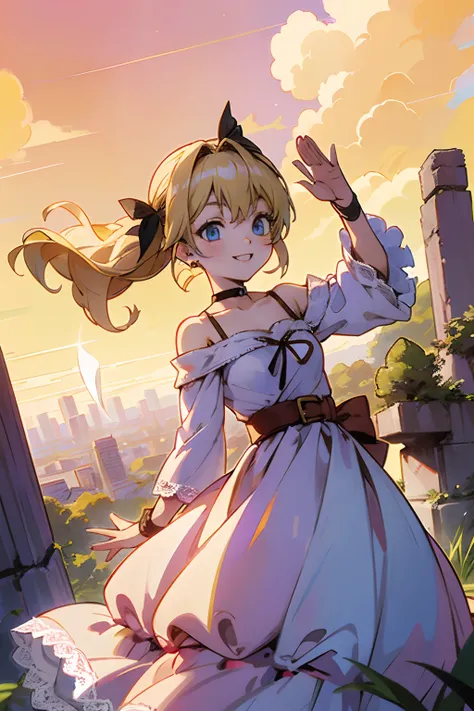 chifuyu matsuno, tokyo revengers, 1 girl, blonde hair, hair ribbon, fantasy world, ruins, fort, beautiful sky, shining sky, sunshine, smiling, waving, belt, wristband, ribbon choker, wind blowing dress, lace dress, blue eyes, earrings, off-shoulder sleeves