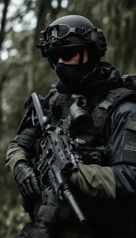 (Best quality,4K,8K,A high resolution,Masterpiece:1.2),Ultra-detailed,(Realistic,Photorealistic,photo-realistic:1.37), One of them wore a black SWAT uniform，Man in black helmet, A man in a black mask holds a gun, Air rifle CQB, French Special Operations, r...