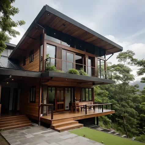 wooden house with lots of windows in nature,mix architecture style north Sulawesi and modern design,mountain house