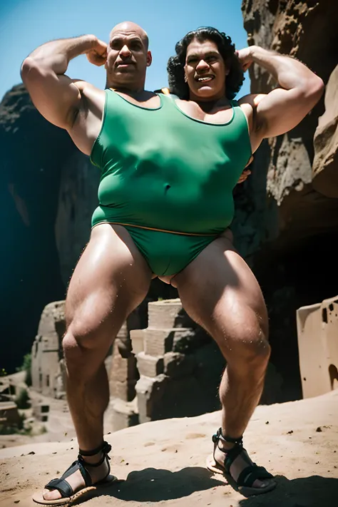 2heads:1.5, 1man, andre the giant but wearing a green singlet and a beautiful face, bald:1.5, no hair,full body, wearing shackles in wrists and ankles,realistic photography, cave in background and giant balck bird flying in the sunny sky,  sweaty, perfect ...