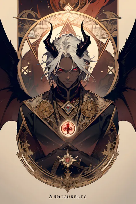 (absurdres, highres, ultra detailed), 1 male, adult, handsome, broad shoulders, two horns, evil, glowing red eyes, black wings, blood, intimidating looks, dark skin, finely detailed eyes and detailed face, the devil tarot, Symbolism, Visual art, Occult, Un...