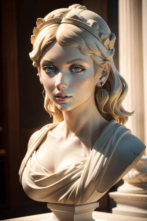 Ancient Greek plaster bust statue, (face de Taylor Swift) (8k high resolution) (melhor qualidade) (hiperdefinido) (Ultra foto Realsisim)(Foto RAW) (fotografia de realista) (clear lighting)