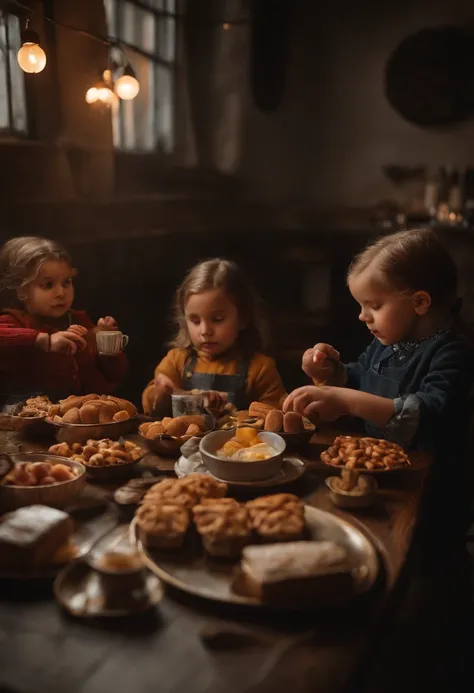 There was a group of small children eating snacks，At the table，On a stool，Snacks on the table had wick cakes，teas