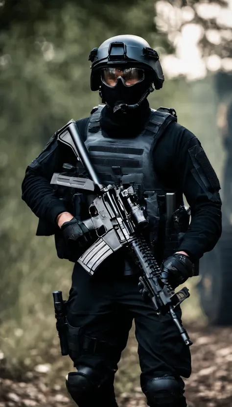 (Best quality,4K,8K,A high resolution,Masterpiece:1.2),Ultra-detailed,(Realistic,Photorealistic,photo-realistic:1.37), One of them wore a black SWAT uniform，Man in black helmet, A man in a black mask holds a gun, Air rifle CQB, French Special Operations, r...