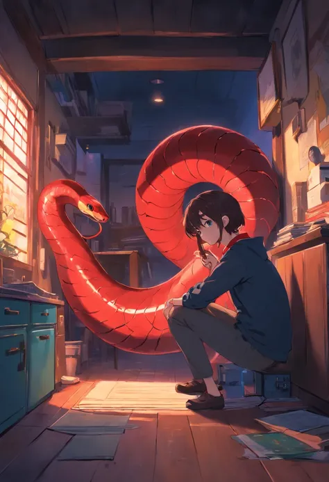 A red black-ringed snake，In the old house，Squinted eyes，Spit snake letters，Eerie light，Dark night，high high quality，fog atmosphere，(Chinese folk suspense supernatural comic style),High detail, Sharp focus, Dramatic