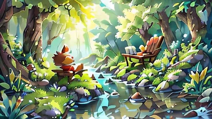 By the forest river，A gentle breeze blows the willows，and the sun was shining brightly，The water inside the creek flows slowly，There is a small stone on the shore where you can sit，There are small fish in the river，Fairytale world