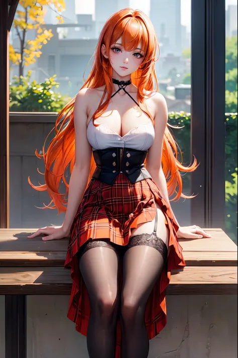 (best quality,8k,ultra-detailed:1.37), 1 girl, plaid skirt, turning around, leaning on a table, ultra-detailed, realistic, vibrant colors, long orange hair, flawless complexion, clean background, natural lighting, topless, choker, lace black stockings