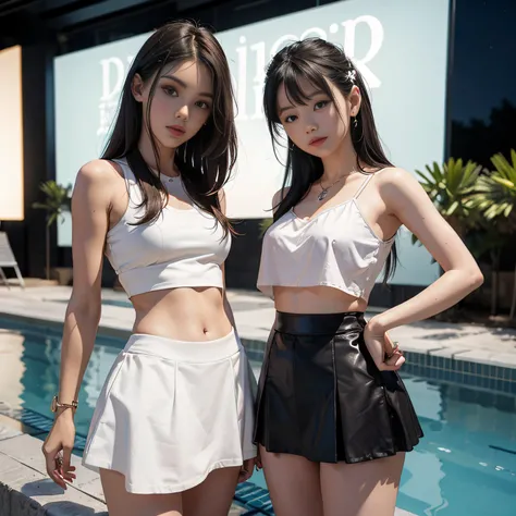 2 Beautiful Women, croptop, skirts that are too short, posing in the, Looks like the model Lucy Pinde。White panties are visible、Night Pool、