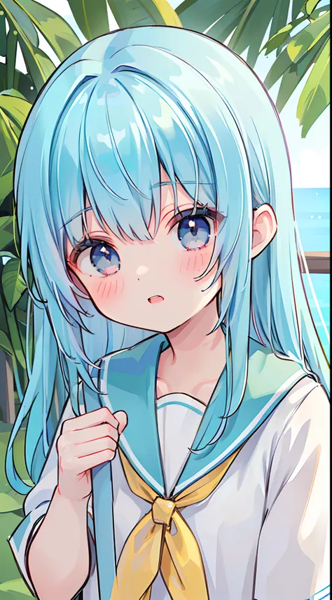 ((Best Quality,Masterpiece,8K,Top image quality))girl1,1人,blue hairs,bobhair,shorth hair,((The left eye is green,The right eye is blue,odd eye,,Upper body only)),single,Lori,a sailor suit,double tooth,cute little,