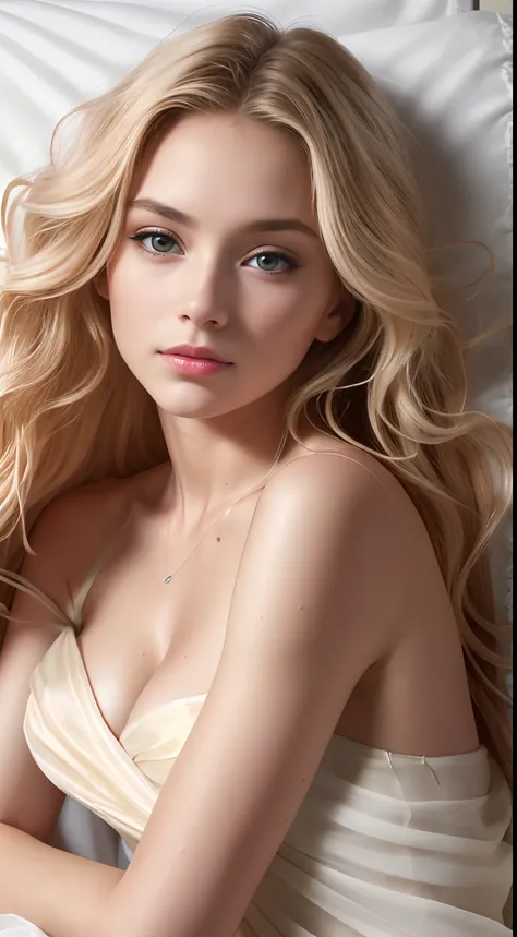 Photo of a 20-year-old European woman, .primitive, Beautiful woman, (extra long wavy blonde hair), ((sportrait)), ((Detal Face:1.2)), ((Detailed facial features)), (Fine fine skin), Pale skin, , Wrapped in sheets, room environment, Lie down in bed, (cool c...