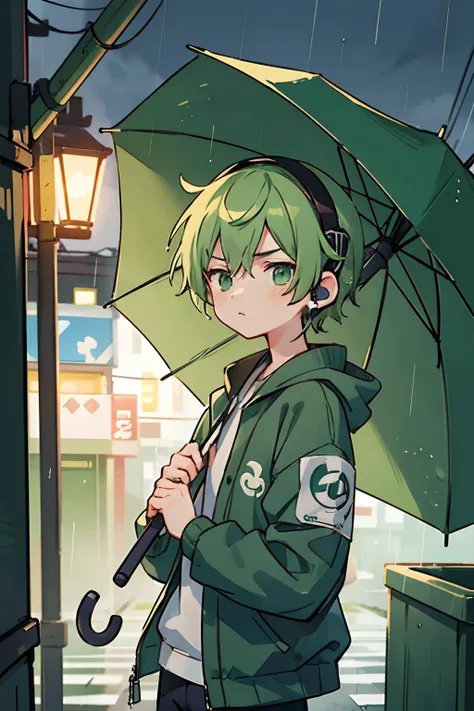 kpop anime boy wearing a jacket and a headphone, green hair, moody, deep thoughts, zoned out, holding an umbrella on a rainy streets at night, high quality shot