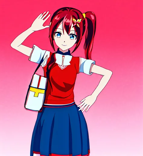 anime girl in a red skirt and blue shirt waving, red twintail hair and cyan eyes, young anime girl, stylized anime, sayori, anime stylized, yayoi kasuma, anime style character, manga, japanese comic stylized, shoujo manga, plain background, manga style cha...