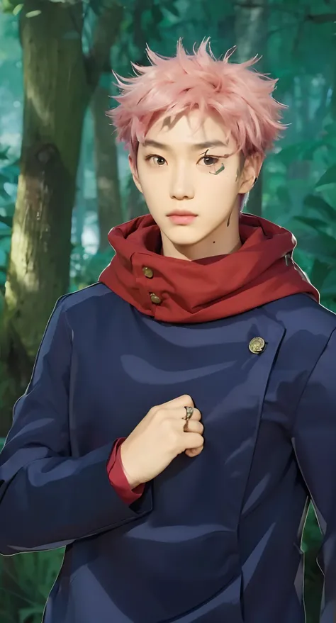 Real life adaption of this character, Korean teen handsome face,looking to viewer,((realistic same Messy pink hair color in the middle and black color hair in the side)) ,realistic jungle with many grass background, hyper realistic, realistic light, realis...