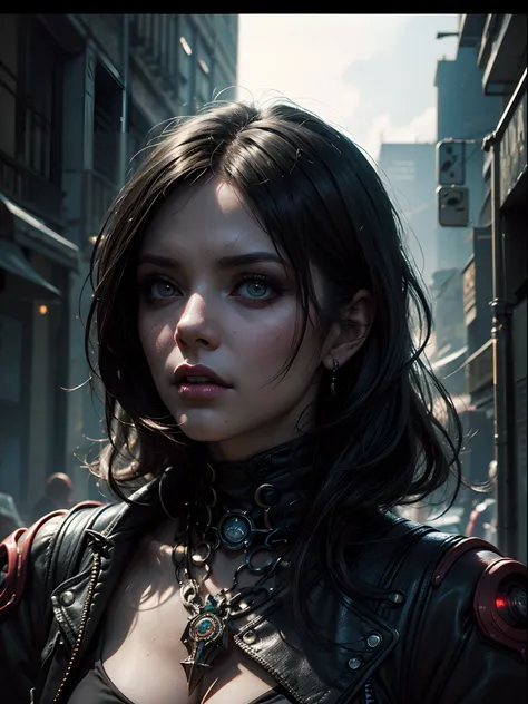 Chronicles of Riddick Necromonger woman, heavy goth makeup, dark chiaroscuro gothic cyberpunk city background, photorealistic dark concept art, Gothic Babylonian (cyberpunk) maiden,  angry gorgeous gothic cyberpunk , dark fantasy science fiction, hyperdeta...