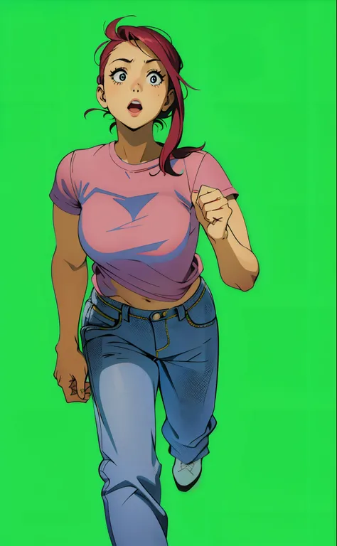 Turn this girl to cartoon, attractive thin girl, colorfull, simple pinky T-shirt, pink  shirt, pink tshirt, running position