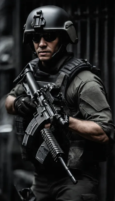 (Best quality,4K,8K,A high resolution,Masterpiece:1.2),Ultra-detailed,(Realistic,Photorealistic,photo-realistic:1.37), One of them wore a black SWAT uniform，Man in black helmet, A man in a black mask holds a gun, Air rifle CQB, French Special Operations, r...