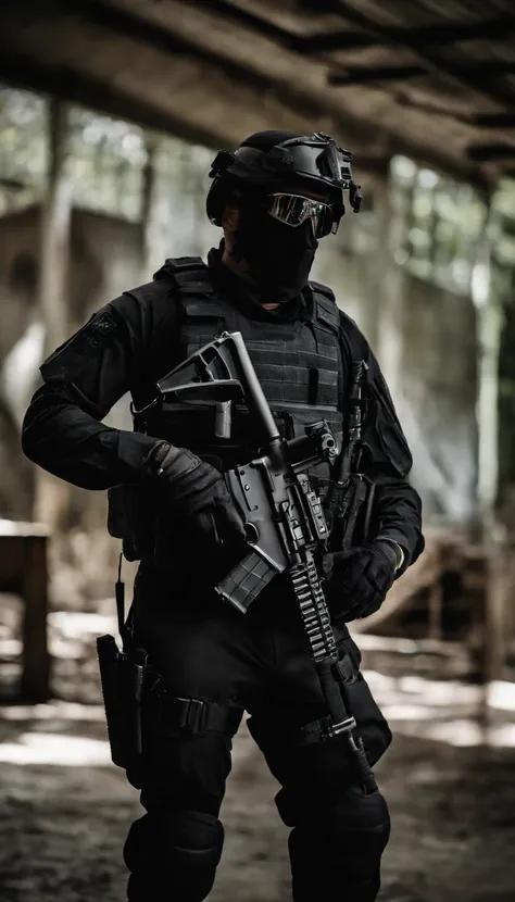 (Best quality,4K,8K,A high resolution,Masterpiece:1.2),Ultra-detailed,(Realistic,Photorealistic,photo-realistic:1.37), One of them wore a black SWAT uniform，Man in black helmet, A man in a black mask holds a gun, Air rifle CQB, French Special Operations, r...