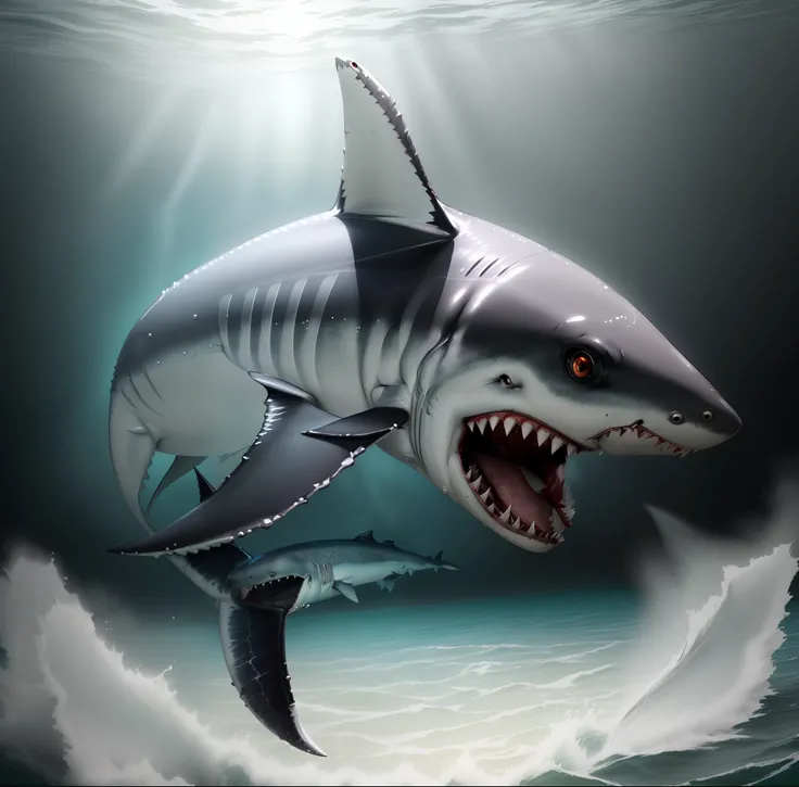 (best quality,highres,masterpiece:1.2),ultra-detailed,realistic,anime style,full body,white shark,sharp teeth,attack,aggressive pose,underwater,deep sea,rippling water,contrast lighting,colorful,emotional,gritty texture