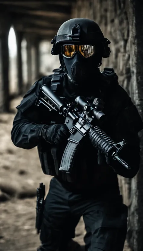 (Best quality,4K,8K,A high resolution,Masterpiece:1.2),Ultra-detailed,(Realistic,Photorealistic,photo-realistic:1.37), One of them wore a black SWAT uniform，Man in black helmet, A man in a black mask holds a gun, Air rifle CQB, French Special Operations, r...