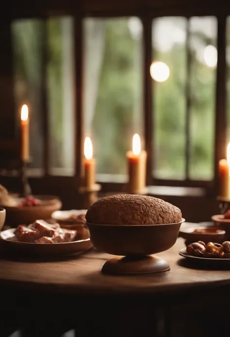 mesa com tabua de madeira para carne, Table with decoration