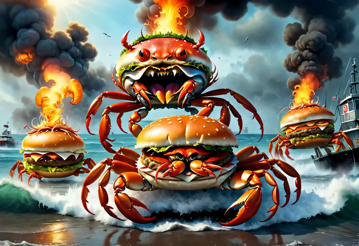 (Best quality, 4K, A high resolution, Masterpiece:1.2), Ultra-detailed, Realistic:1.37,Burger Crab Team，Every hamburger crab has crab legs，Crab claws，The body is a crab of Hamburg,Anthropomorphic burger，Stroll through the Hamburg Crab Squad，Dress up like a...